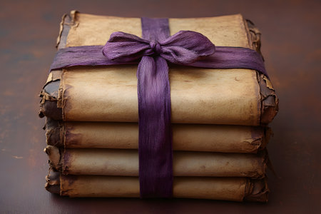 A stack of vintage books, tied together with a deep purple ribbon, featuring aged pages and worn covers. perfect for rustic gift-giving ideas, antique decor, or historical-themed presentations. Generative AIの素材