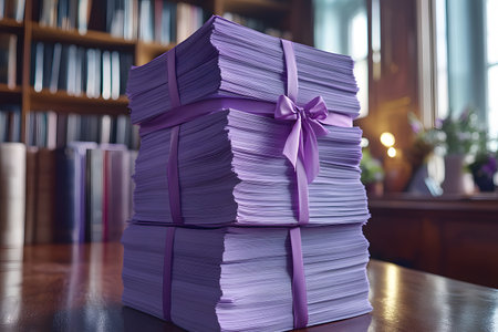 Neatly stacked piles of papers wrapped in purple ribbons sit on a polished wooden table. the refined library backdrop, with bookshelves and soft lighting, highlights themes of organization and academia. Generative AIの素材