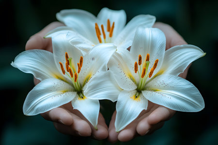 Elegant white lilies delicately cradled in hands, their beauty and purity. the vibrant orange stamens contrast with the soft white petals, creating a serene and peaceful floral scene perfect for nature and design inspiration. Generative AIの素材