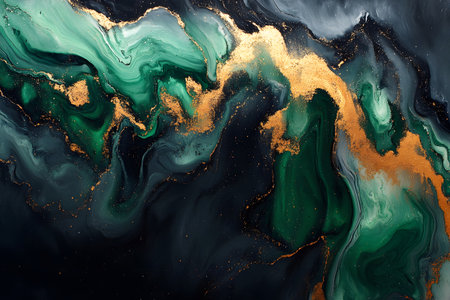 Abstract art featuring swirling green and gold textures reminiscent of marble. the dynamic, fluid patterns create a sense of movement and depth, perfect for contemporary design projects or artistic backgrounds. Generative AIの素材