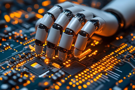 A robotic hand interacts with a complex circuit board, symbolizing the integration of artificial intelligence and advanced technology in modern electronics. bright orange lights highlight the intricate network of circuits. Generative AIの素材