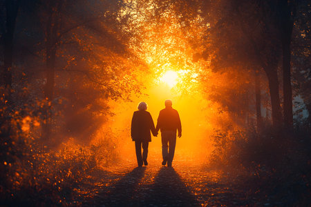 An elderly couple strolls hand in hand through a serene forest path surrounded by vibrant autumn foliage, illuminated by the golden glow of a radiant sunset. the warm hues and tranquil setting evoke a sense of romance and peaceful connection with nature. Generative AIの素材
