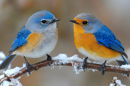 Two colorful bluebirds perched on a snow-laden branch create a picturesque winter wildlife scene. their vivid blue and orange plumage contrasts beautifully against the frosty backdrop, capturing the essence of winter nature. Generative AIの素材