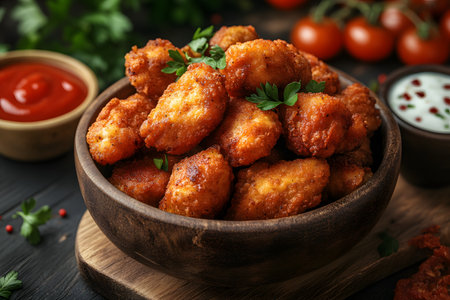 Crispy chicken nuggets served in a rustic wooden bowl, garnished with fresh herbs. accompanied by bowls of tangy tomato and creamy yogurt sauces, set on a dark wooden table, enhancing the warm and inviting vibe. Generative AIの素材