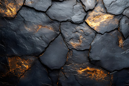 Detailed abstract texture featuring cracked black rocks with glowing golden accents. ideal for use in design projects as backgrounds or textures, offering a dramatic and sophisticated appearance. Generative AIの素材