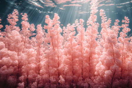 Lush pink coral formations thrive beneath shimmering ocean surface. sunlight filters through water, casting gentle rays onto the vibrant coral forest below. ideal for adding serene, natural beauty to any creative project. Generative AIの素材