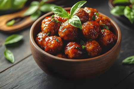 Savory glazed meatballs are presented in a rustic wooden bowl, garnished with fresh basil leaves. the rich, glossy coating enhances the dish's appeal, making it ideal for vibrant culinary photography or recipe illustrations. Generative AIの素材