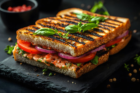 A rustic grilled sandwich with fresh tomato slices, purple onion rings, and vibrant basil leaves, served on a black slate plate. the golden-brown toasted bread is garnished with herbs, creating a visually appealing and delicious dish. Generative AIの素材