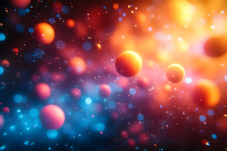 A mesmerizing abstract cosmic scene with vibrant colored spheres resembling planets amidst a glowing nebula backdrop. perfect for digital designs, sci-fi concepts, or modern decor themes. Generative AIの素材