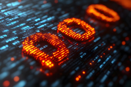 A futuristic depiction of blockchain technology with glowing orange binary codes set against a dark digital background. symbolizing cryptocurrency and data exchange, the scene illustrates the complex nature of the digital financial ecosystem. Generative AIの素材