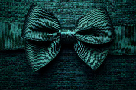 A detailed close-up of a stylish green fabric bow tied neatly on a textured surface. the bow's intricate details and rich color make it perfect for gift-wrapping, holiday decorations, or craft projects, ideal for adding a touch of elegance and sophistication. Generative AIの素材