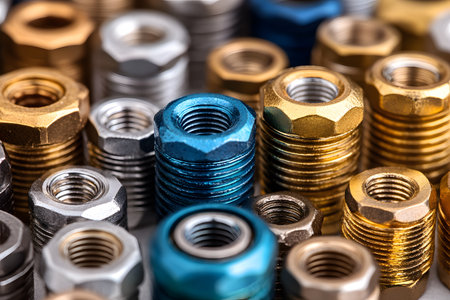 A close-up of a variety of metal nuts and bolts in diverse colors, including blue, gold, and silver. the arrangement highlights the intricacy and diversity of industrial components, ideal for construction and design themes. Generative AIの素材