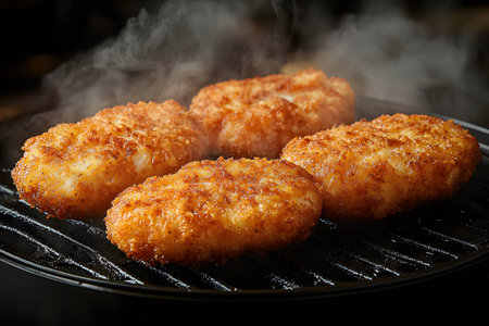 Five golden-brown breaded chicken cutlets sizzling on a grill, with steam rising, showcasing a delicious, freshly-cooked meal. the image highlights texture and appetizing appeal, ideal for culinary presentations and food-related content. Generative AIの素材