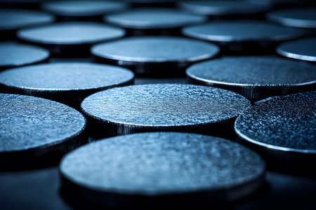 Close-up image showcasing metallic circular objects with textured surfaces, arranged in a repetitive pattern. the low light and shadow play accentuate the texture and shape, creating a modern and abstract visual effect. Generative AIの素材