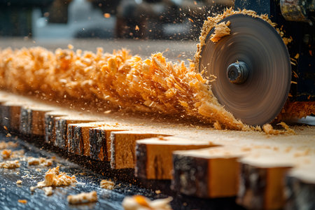Circular saw in action cutting through a wooden plank with dynamic sawdust flying. captures the intricate details of woodworking, the precision and craftsmanship involved in timber processing. Generative AIの素材