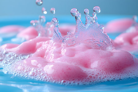 Pink soap foam creates a dynamic splash against a blue surface, capturing the essence of motion and energy. the vibrant colors contrast beautifully, offering a modern and abstract touch ideal for design and creative projects. Generative AIの素材