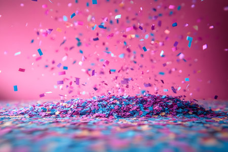 Colorful confetti cascades over a vibrant pink backdrop, creating a lively, festive atmosphere. the dynamic blend of blues, pinks, and purples evokes joy and celebration, perfect for party-themed designs and event promotions. Generative AIの素材
