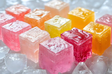 Brightly colored ice cubes, featuring a variety of fruit flavors, create a playful and refreshing visual effect. set against a background of clear ice, the cubes display a gradient of pink, yellow, and orange hues, ideal for culinary inspiration or summer-themed designs. Generative AIの素材