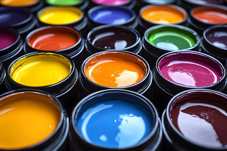 Brightly colored paint cans arranged closely together, showcasing a vibrant spectrum of hues. ideal for creative design inspiration, emphasizing diversity in color palettes for artistic and design projects. Generative AIの素材