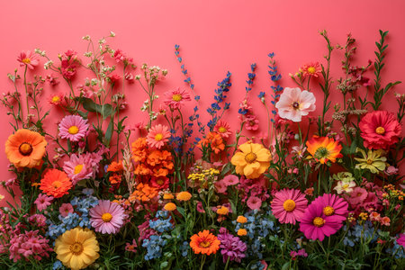 A lively and diverse array of flowers set against a vivid pink backdrop, showcasing a harmonious mix of colors and textures. perfect for spring-themed decor, botanical projects, and creative design inspiration. Generative AIの素材