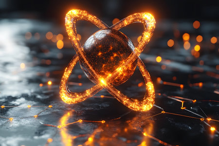 A high-tech sphere adorned with glowing neon energy rings hovers above a reflective grid-like digital surface. the illustration embodies futuristic themes of technology, innovation, and energy, with vibrant orange and black tones enhancing the science fiction aesthetic. Generative AIの素材