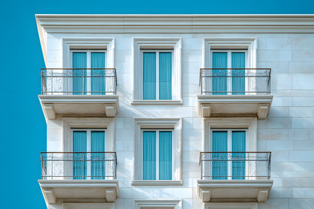 Elegant facade of a contemporary building featuring symmetrical balconies and minimalist design elements against a clear blue sky. the clean lines and soft colors highlight the modern urban architectural style. Generative AIの素材