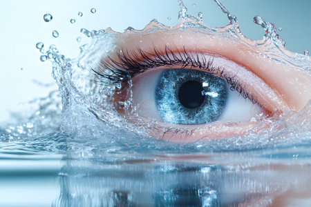 A striking blue eye emerges from splashing water, symbolizing freshness, clarity, and vitality. the dynamic water movement creates a sense of renewal, making it ideal for designs emphasizing purity and vision. Generative AIの素材