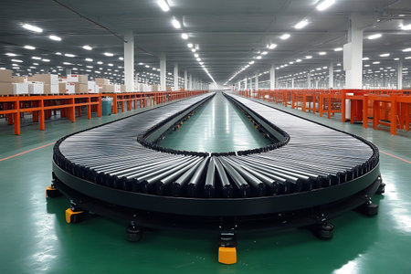 An expansive view of a modern conveyor belt system inside a well-lit warehouse, emphasizing the role of automation in streamlining logistics. uniformity and order detail the efficient layout for package transportation. Generative AIの素材