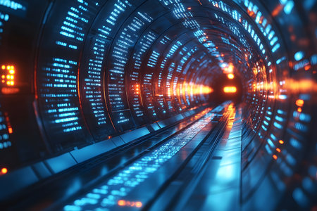 A visually striking tunnel illuminated with dynamic blue and orange led lights, creating a futuristic atmosphere. ideal for technology, innovation, and digital concepts in design projects. Generative AIの素材