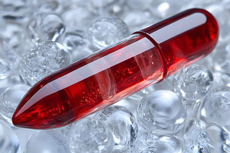 A striking red capsule is placed amidst an array of translucent ice-like crystals. the contrast between the vibrant red and the clear icy elements creates a modern visual representation, ideal for themes related to medicine, freshness, or cool treatment concepts. Generative AIの素材