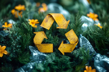 Close-up of a rusted recycle symbol surrounded by plastic bottles and vibrant green plants, environmental awareness and sustainability. the contrast emphasizes the urgency of recycling and eco-friendly practices. Generative AIの素材