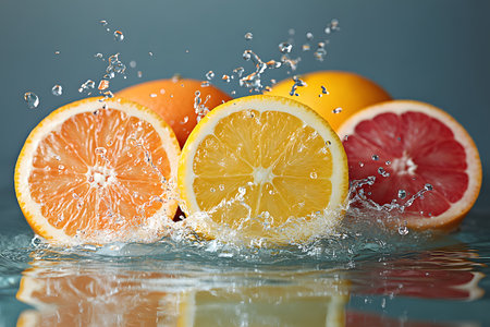 A dynamic splash captures citrus fruits including lemons and grapefruits against a soft blue background. the water droplets and vivid colors highlight freshness, perfect for promotional materials and healthy lifestyle themes. Generative AIの素材