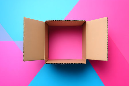 Open cardboard box placed on a striking geometric background featuring shades of blue and pink. the contrast between the brown box and the colorful backdrop highlights themes of creativity, storage, and simplicity. Generative AIの素材