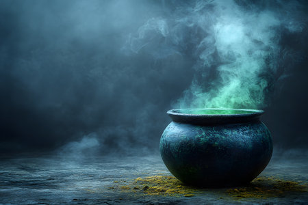 Mysterious green mist emanates from an ancient cauldron set against a misty, dark forest background. the scene suggests an atmosphere of magic and mystery, ideal for themes around witchcraft, fantasy, or halloween. Generative AIの素材