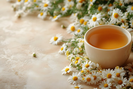 A warm cup of chamomile tea surrounded by fresh chamomile flowers creates a serene and calming scene. perfect for concepts of relaxation, wellness, and natural lifestyle, the soothing properties of herbal teas. Generative AIの素材