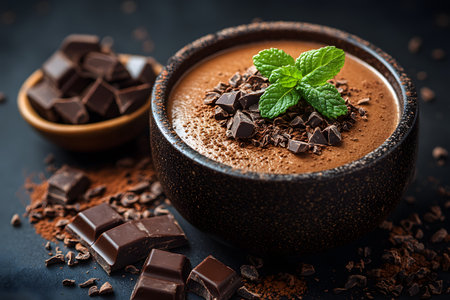 Rich chocolate mousse served in a textured bowl, topped with chopped chocolate and fresh mint leaves. surrounded by scattered chocolate chunks and cocoa powder, perfect for gourmet cuisine presentations. Generative AIの素材