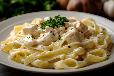 A delectable plate of creamy chicken alfredo pasta topped with fresh parsley, showcasing rich textures and flavors. perfect for culinary content, recipe illustrations, or italian cuisine promotions, the dish's irresistible appeal. Generative AIの素材