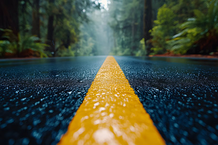 Wet road stretches through a verdant forest, bordered by tall trees and lush greenery. raindrops on the pavement reflect the serene atmosphere, evoking a sense of tranquility and adventure amidst nature. Generative AIの素材