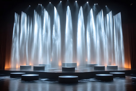 Stunning display of water fountains synchronously spraying upwards, highlighted by dramatic stage lighting. perfect for event design, atmospheric backgrounds, and creative projects needing a touch of elegance and ambient beauty. Generative AIの素材