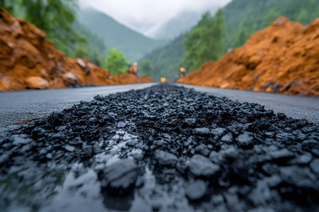 Fresh asphalt stretches through a tranquil mountain landscape, with misty hills and lush greenery in the distance. the detailed texture of the road contrasts vividly with the earthy surroundings, evoking travel and adventure. Generative AIの素材