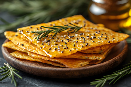 Freshly baked crackers topped with rosemary and sesame seeds are artfully arranged on a wooden plate. a gentle drizzle of olive oil enhances their savory appeal, making them a perfect snack or appetizer choice. Generative AIの素材