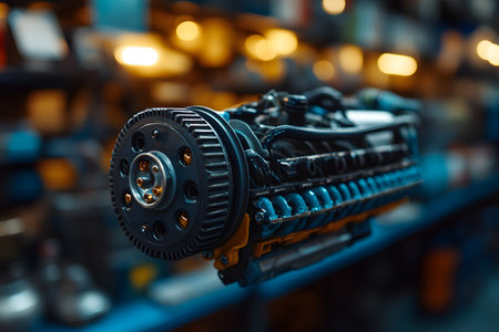 Engine component showcased in a mechanical workshop setting, intricate details and design. the background features blurred industrial elements, emphasizing the focus on engineering and automotive technology. Generative AIの素材