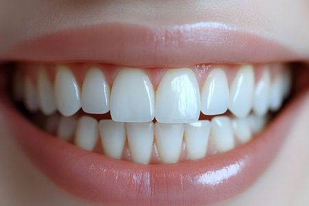 Close-up of a bright white smile, showcasing healthy teeth and gums. ideal for dental health, hygiene products, and cosmetic dentistry promotions. emphasizes oral care and beauty. Generative AIの素材
