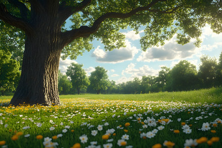 Sunlit meadow adorned with white and yellow wildflowers beneath a large, majestic oak tree. fluffy clouds scatter across a vibrant blue sky, creating a peaceful, idyllic summer landscape ideal for nature-themed designs. Generative AIの素材