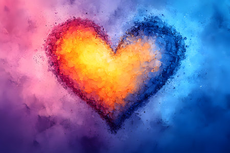 Heart-shaped abstract art blending warm fiery colors with cool blue hues, creating a dynamic and emotional visual balance. ideal for modern wall decor, greeting cards, or digital backgrounds, conveying passion and tranquility. Generative AIの素材
