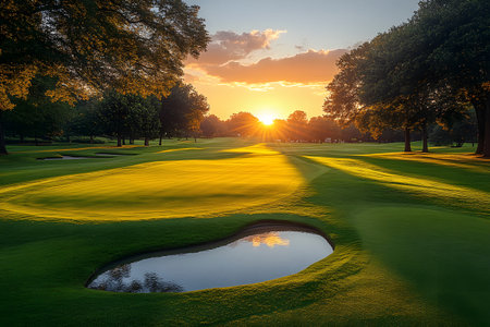 A breathtaking sunset casts a warm glow over a lush golf course. golden light glimmers across perfectly manicured greens, while a tranquil water hazard reflects the vibrant colors of the sky, creating a serene and picturesque landscape. Generative AIの素材