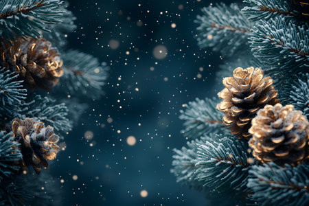 Festive winter scene featuring frosted pine branches adorned with glittering pine cones and softly falling snowflakes. perfect for christmas-themed designs, holiday cards, or seasonal decorations invoking warmth and elegance. Generative AIの素材