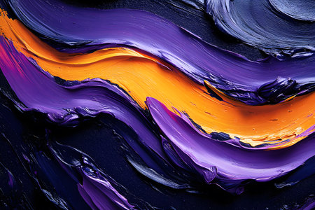 Dynamic abstract art featuring bold, flowing brushstrokes with vibrant purple and orange hues. the thick, textured application of paint creates a sense of motion and energy, making it perfect for modern decoration or artistic inspiration. Generative AIの素材