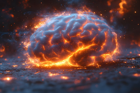 A vivid representation of a brain surrounded by flames, symbolizing creativity, innovation, and dynamic thinking. the glowing orange and blue hues create a striking contrast, perfect for projects focusing on brainstorming, ideas, and imagination. Generative AIの素材