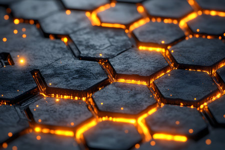 A vibrant and futuristic design featuring a hexagonal pattern with glowing orange accents against a dark background. perfect for tech-related themes, backgrounds, and digital artwork. the design exudes a modern and dynamic aesthetic suitable for various creative projects. Generative AIの素材